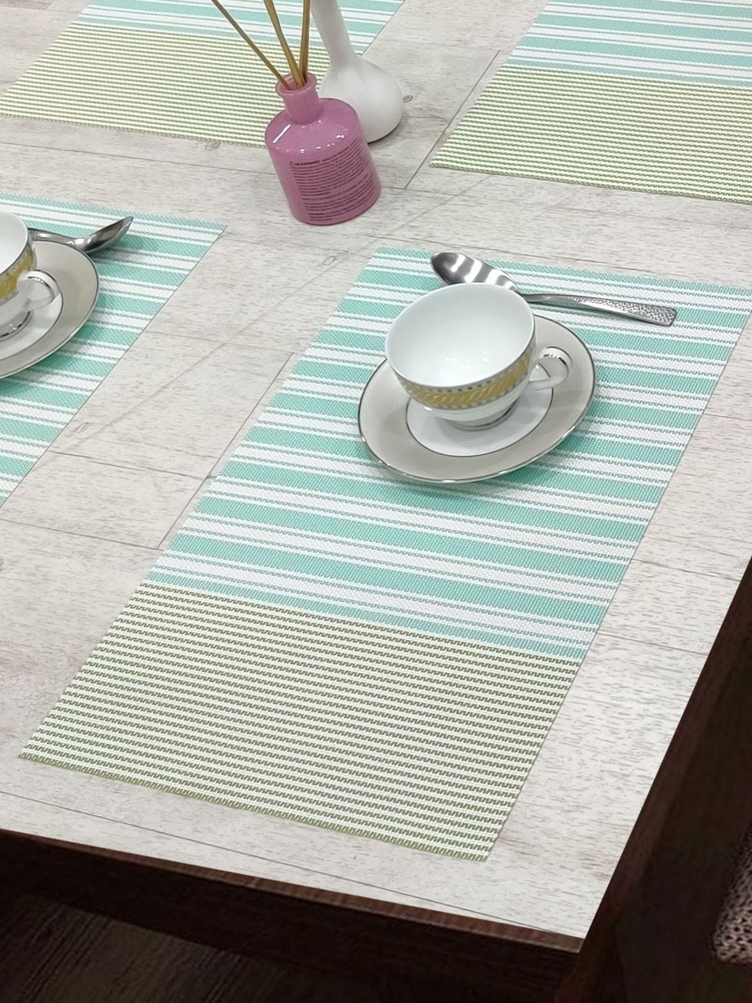 

BIANCA Alpine Green and Blue Set of 6 Striped Woven Pattern Table Placemats