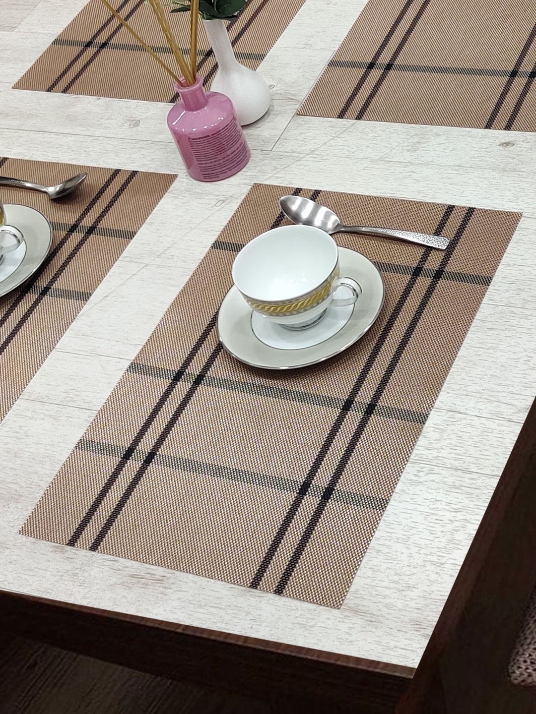 

BIANCA Alpine Taupe & Black Set of 6 Striped Woven Pattern Table Placemats