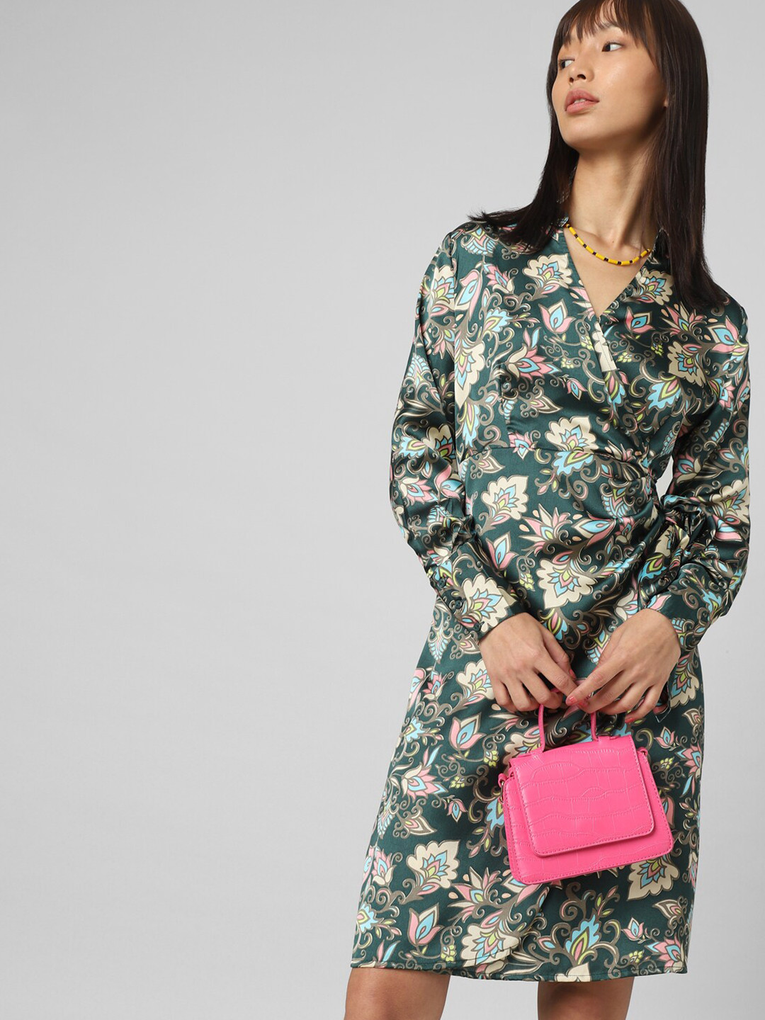 

ONLY Ethnic Motifs Printed Cuffed Sleeves Wrap Dress, Green