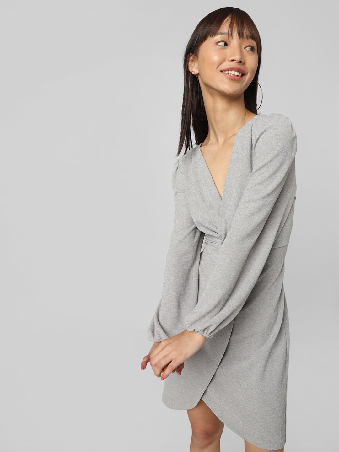 

ONLY V- Neck Puff Sleeves Wrap Dress, Grey