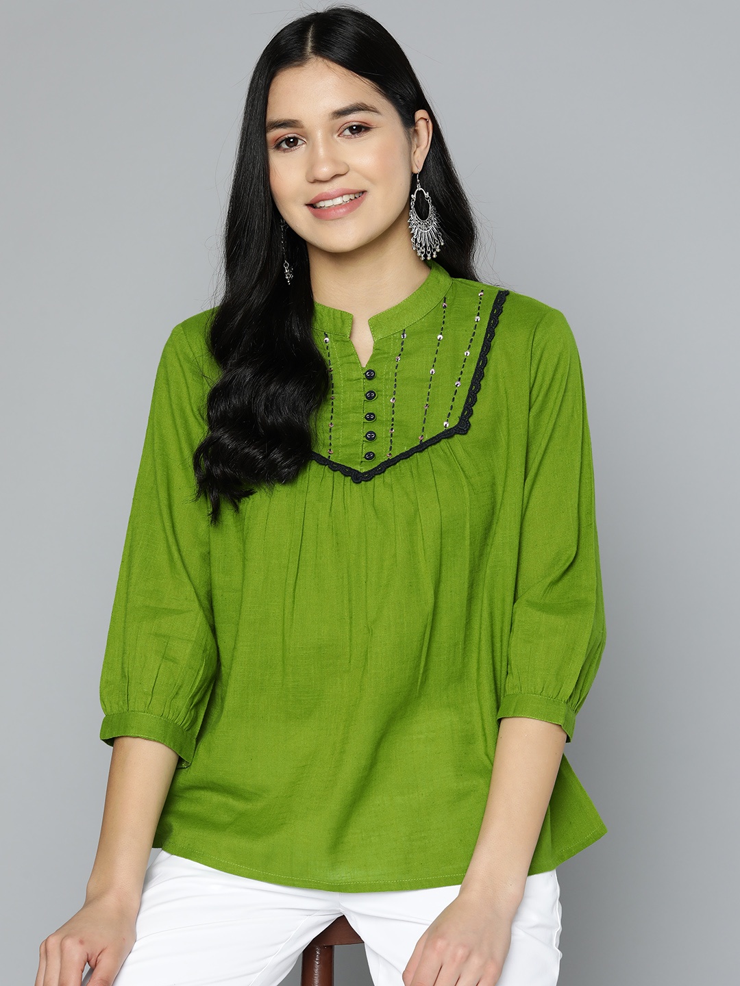 

HERE&NOW Embroidered Sequinned Puff Sleeves Mandarin Collar, Green