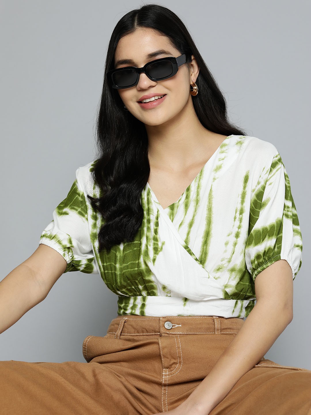 

HERE&NOW Tie and Dye Batwing Sleeves Boxy Crop Top, Green