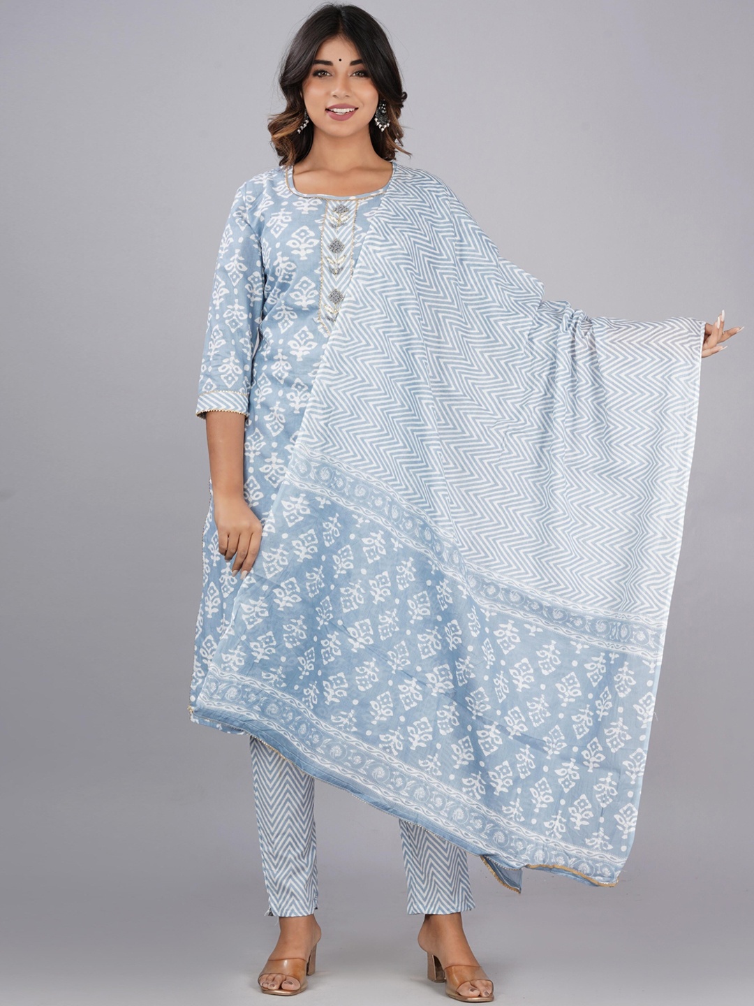 

KALINI Women Ethnic Motifs Printed Pure Cotton Kurta with Trousers & Dupatta, Blue