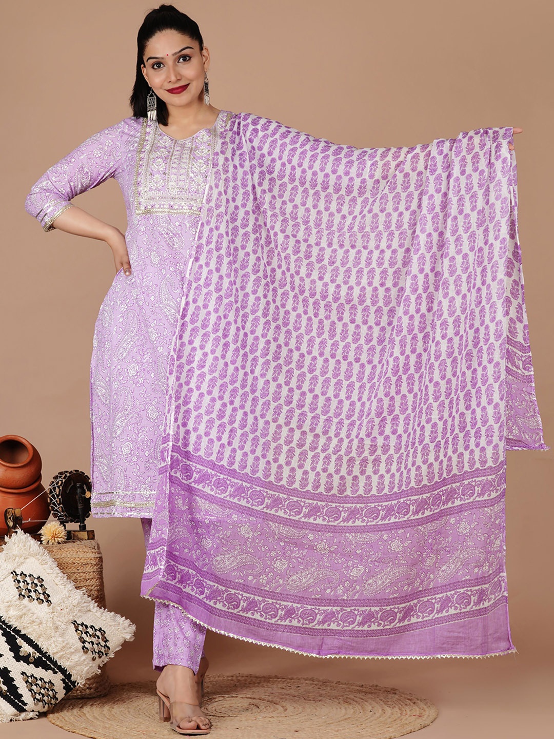 

KALINI Women Paisley Printed Pure Cotton Kurta with Trousers & Dupatta, Lavender