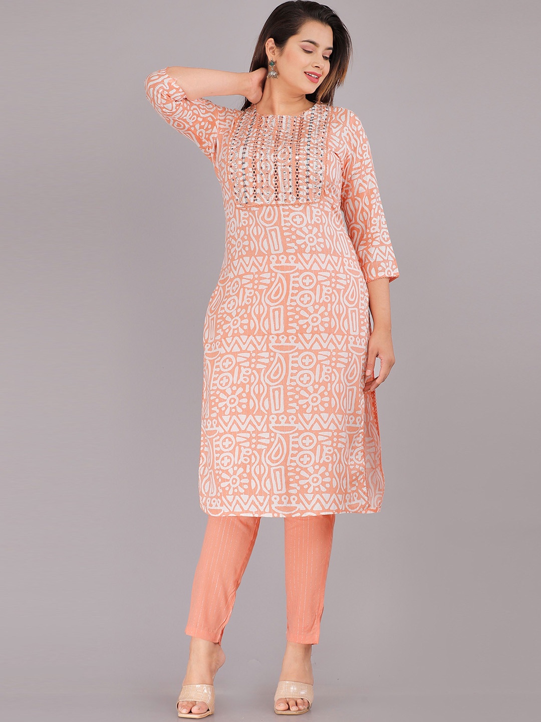 

KALINI Women Quirky Printed Pure Cotton Kurta with Trousers, Peach