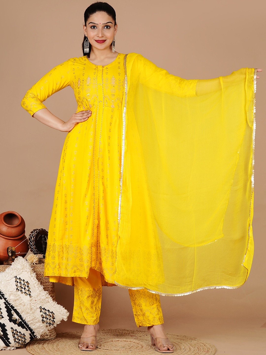 

KALINI Ethnic Motifs Printed Thread Work Kurta with Trousers & Dupatta, Yellow
