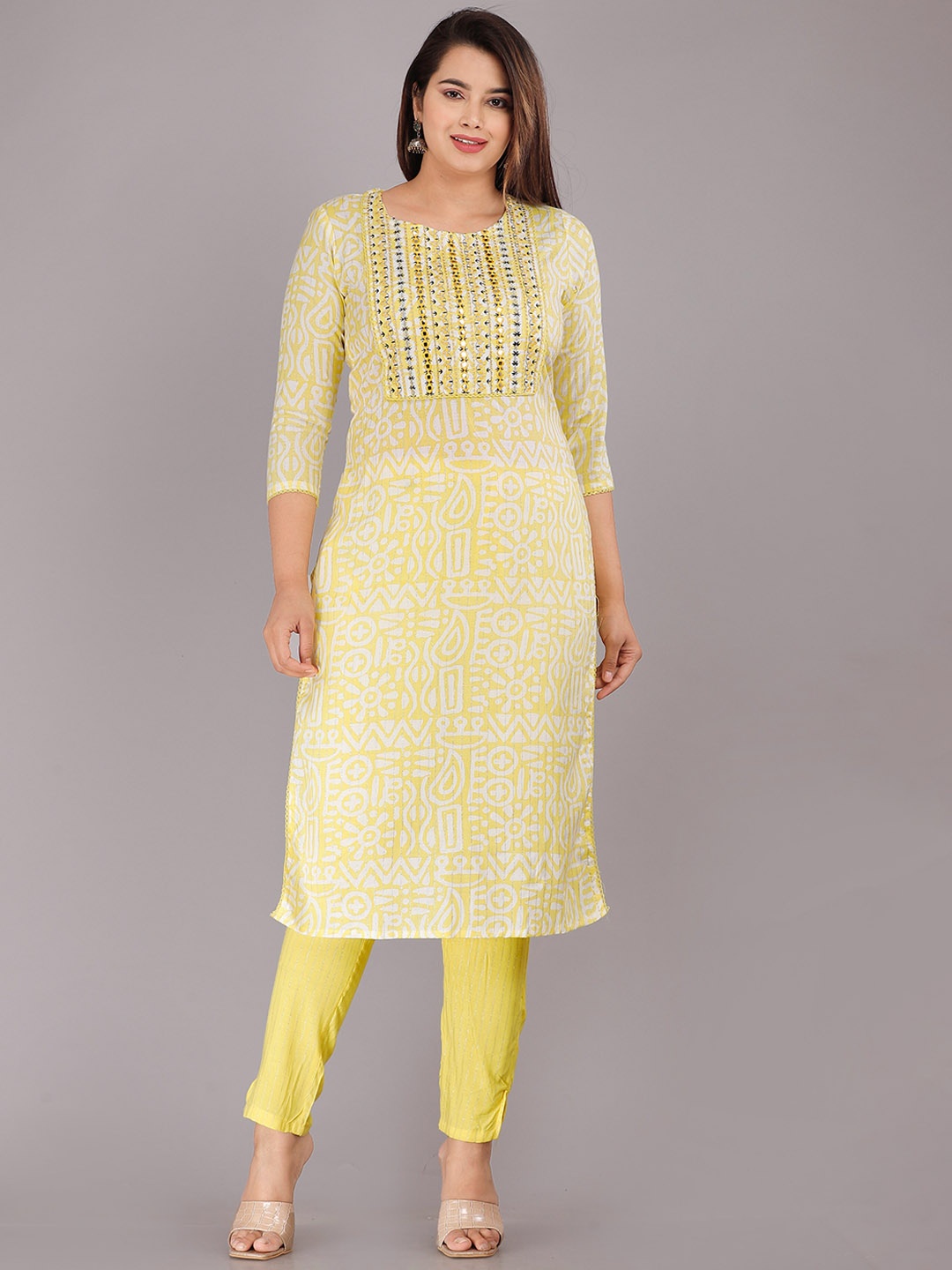 

KALINI Ethnic Motifs Printed Mirror Work Pure Cotton Kurta with Trousers, Yellow