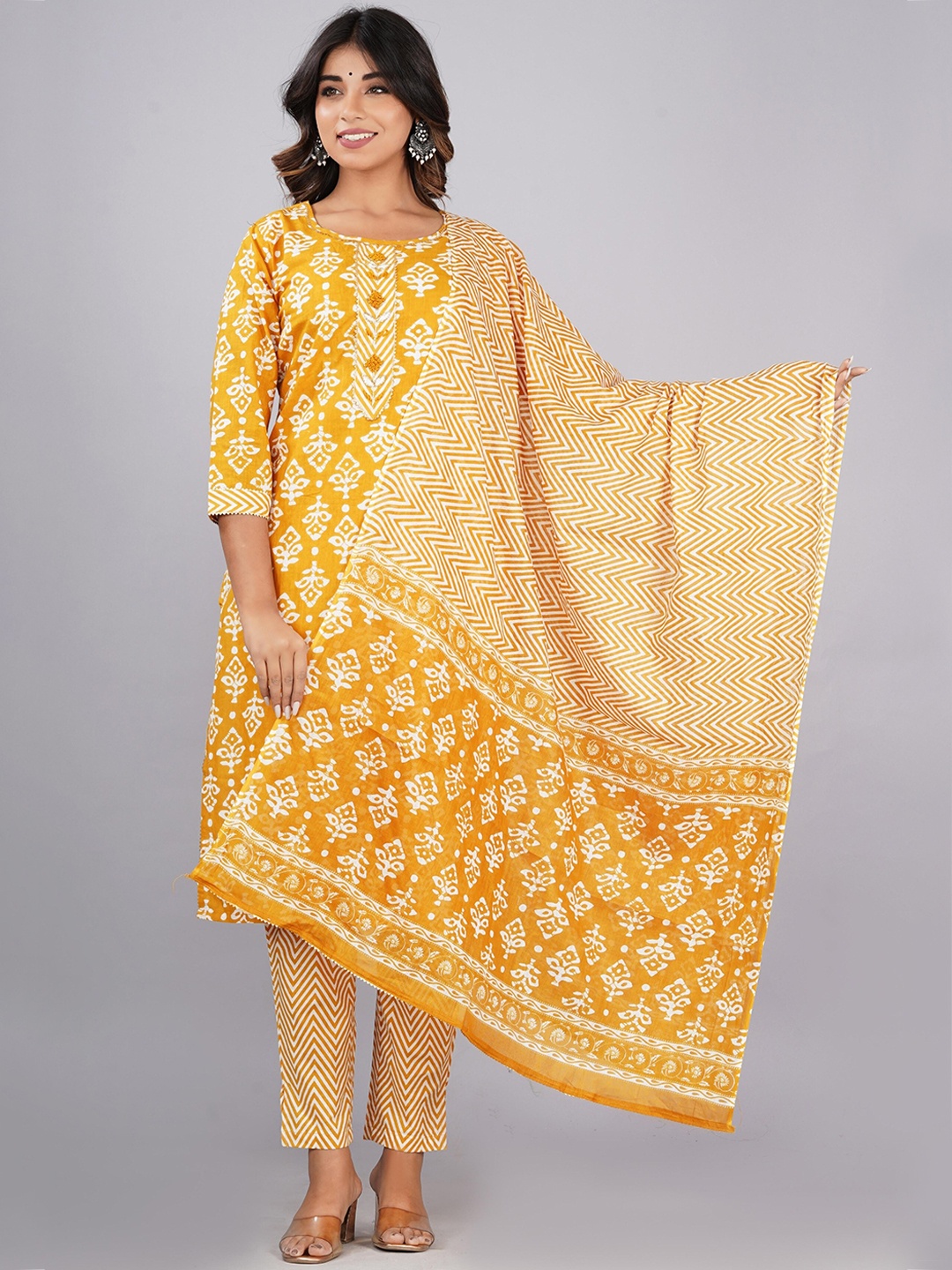 

KALINI Floral Printed Pure Cotton Kurta with Trousers & Dupatta, Yellow