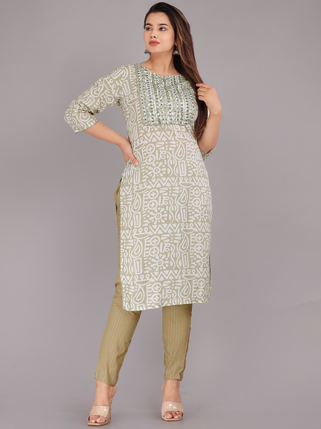 

KALINI Ethnic Motifs Printed Mirror Work Pure Cotton Kurta with Trousers, Green