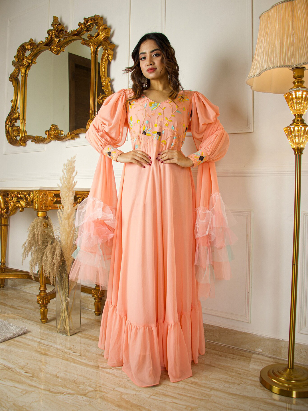 

Virah Fashion Women Floral Embroidered Thread Work Georgette Anarkali Kurta With Dupatta, Peach