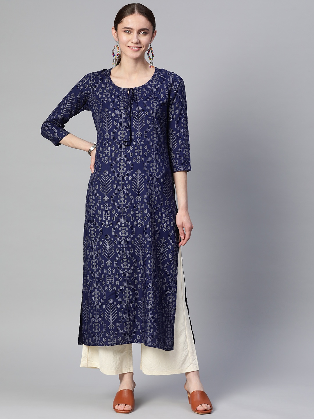 

mokshi Women Ethnic Motifs Printed Kurta, Navy blue
