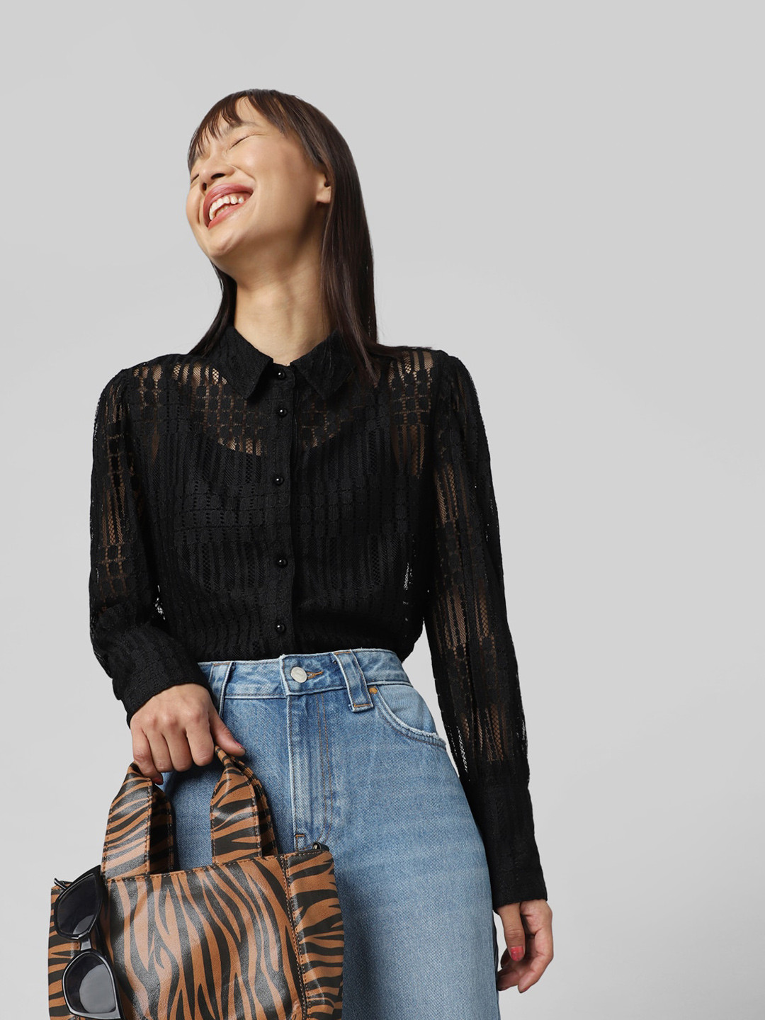 

ONLY Women Self Design Sheer Casual Shirt, Black