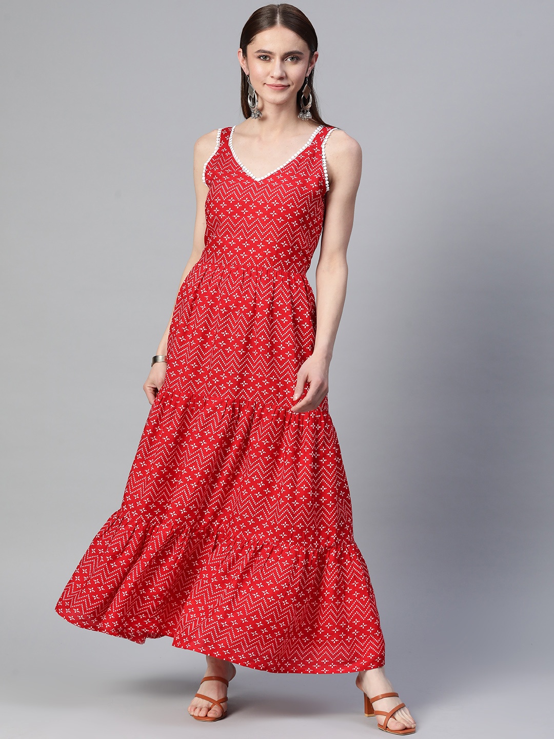 

mokshi Printed Tiered Maxi Dress With Lace Inserts, Red