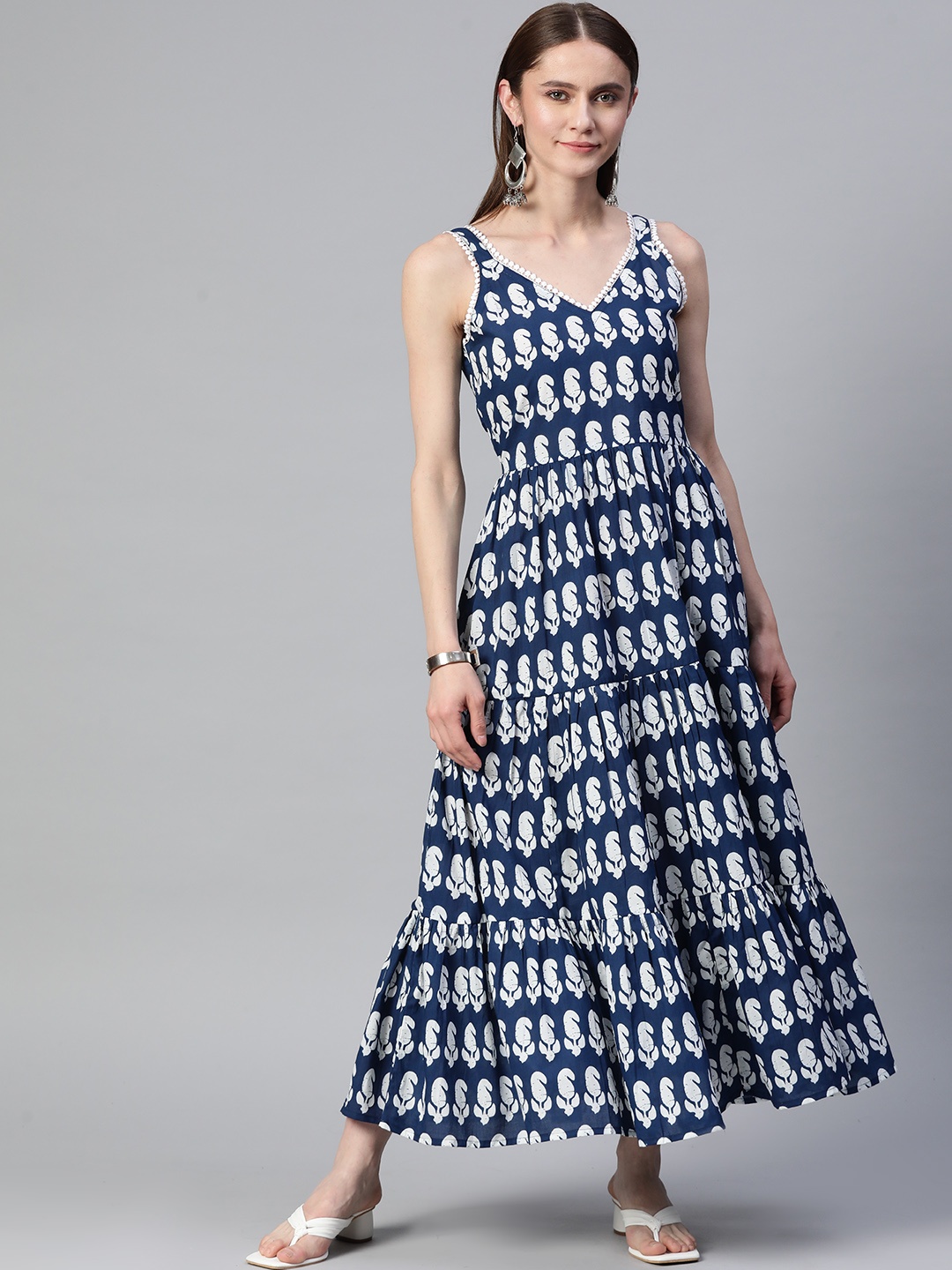 

mokshi Navy Ethnic Motifs Pure Cotton Midi Dress With Lace Inserts, Navy blue