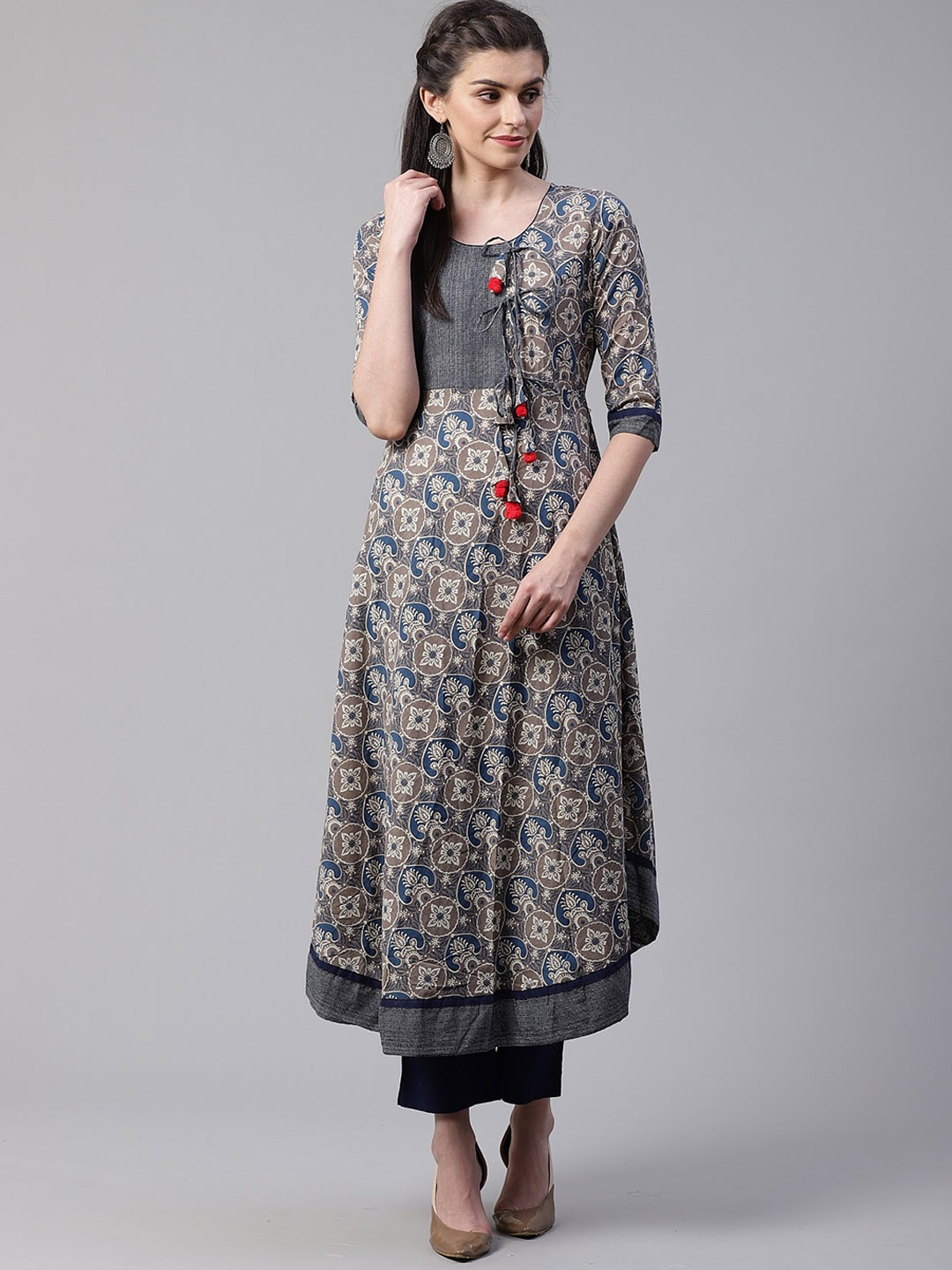 

Divena Women Round Neck Ethnic Motifs Printed Pure Cotton Kurta, Grey