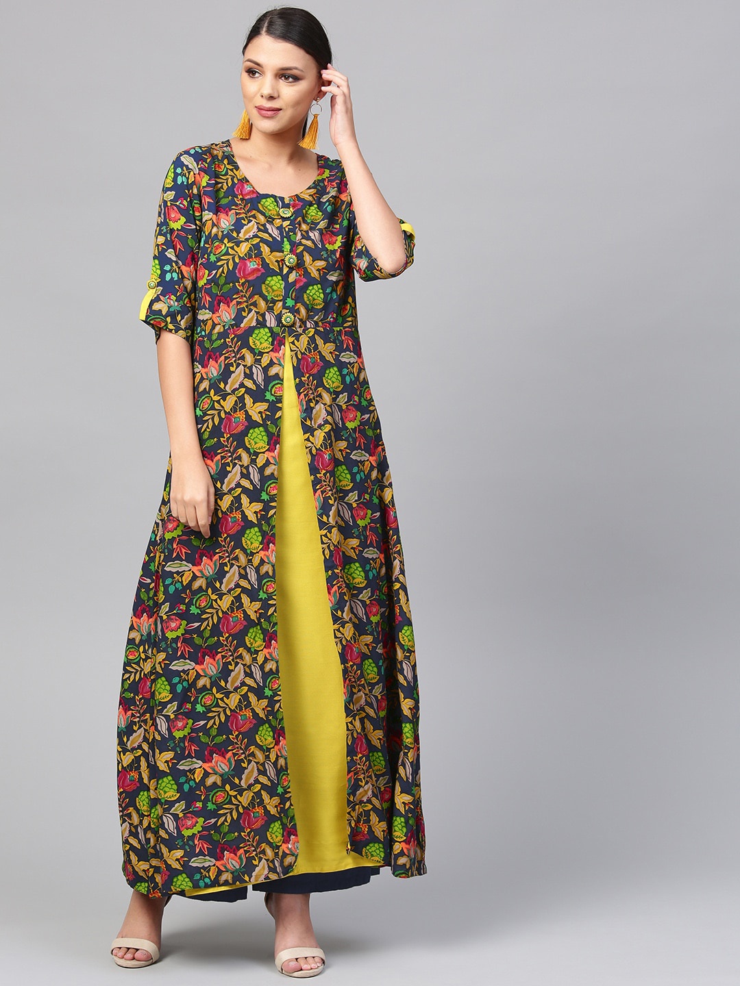 

Divena Women Round Neck Floral Printed A-Line Cotton Kurta, Blue