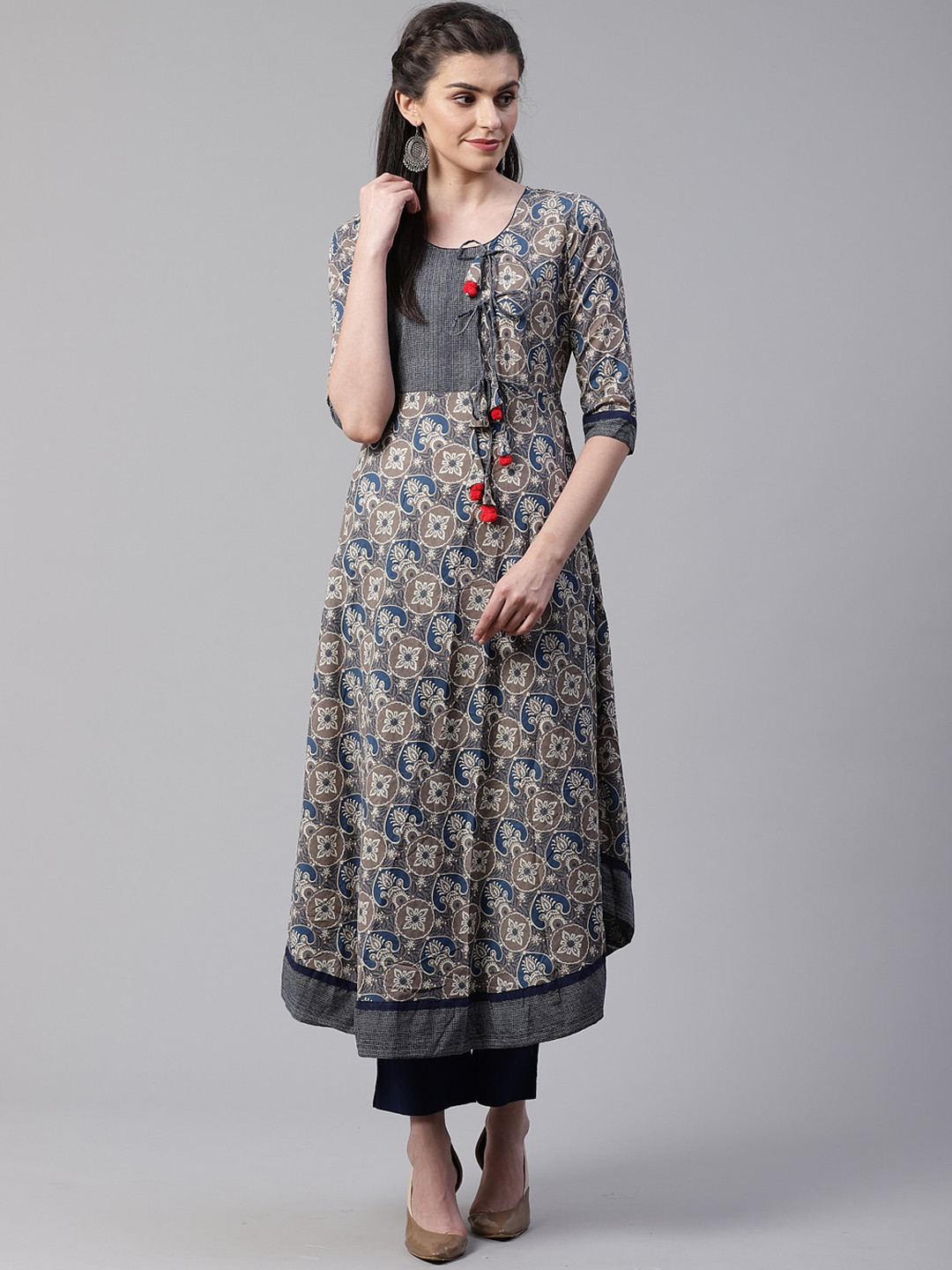 

Divena Women Round Neck Ethnic Motifs Printed Cotton Kurta, Grey