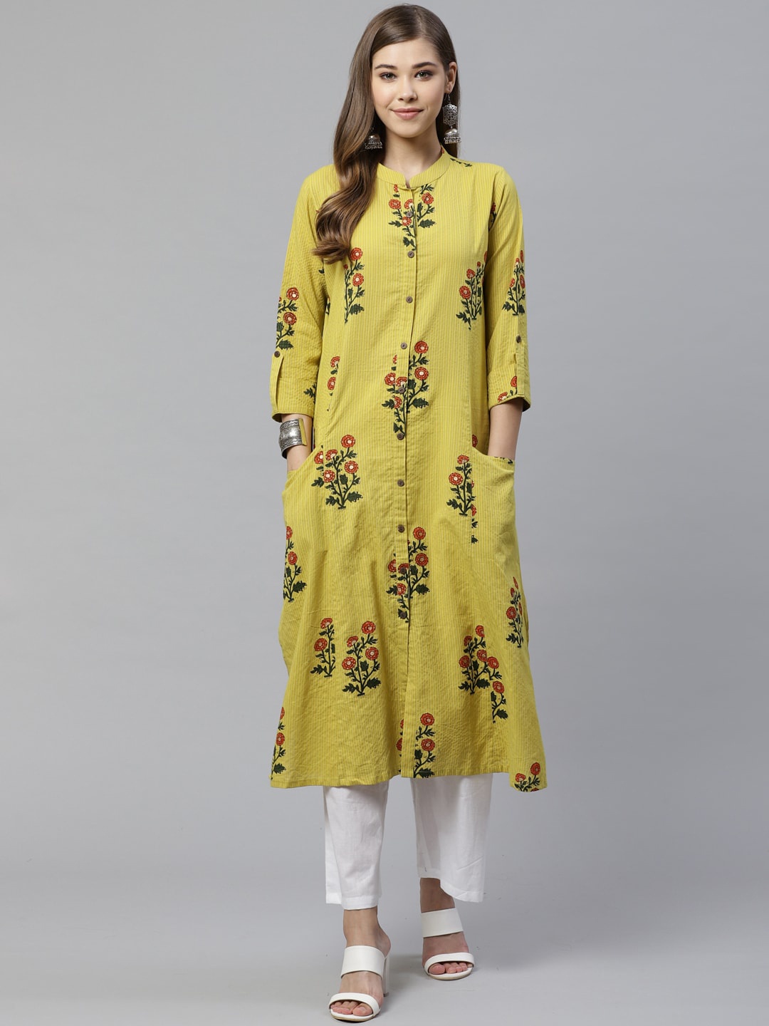 

Divena Women Mandarin Collar Floral Printed Cotton Kurta, Yellow