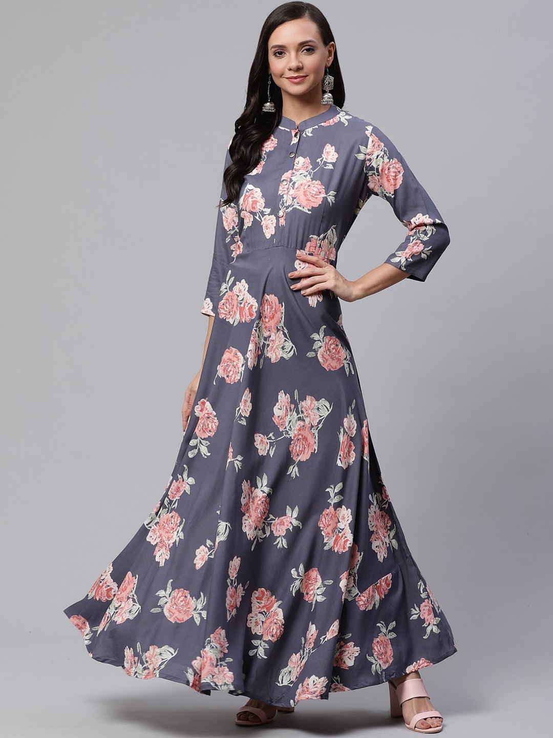 

Divena Women Mandarin Collar Floral Printed Fit-Flare Dress, Grey