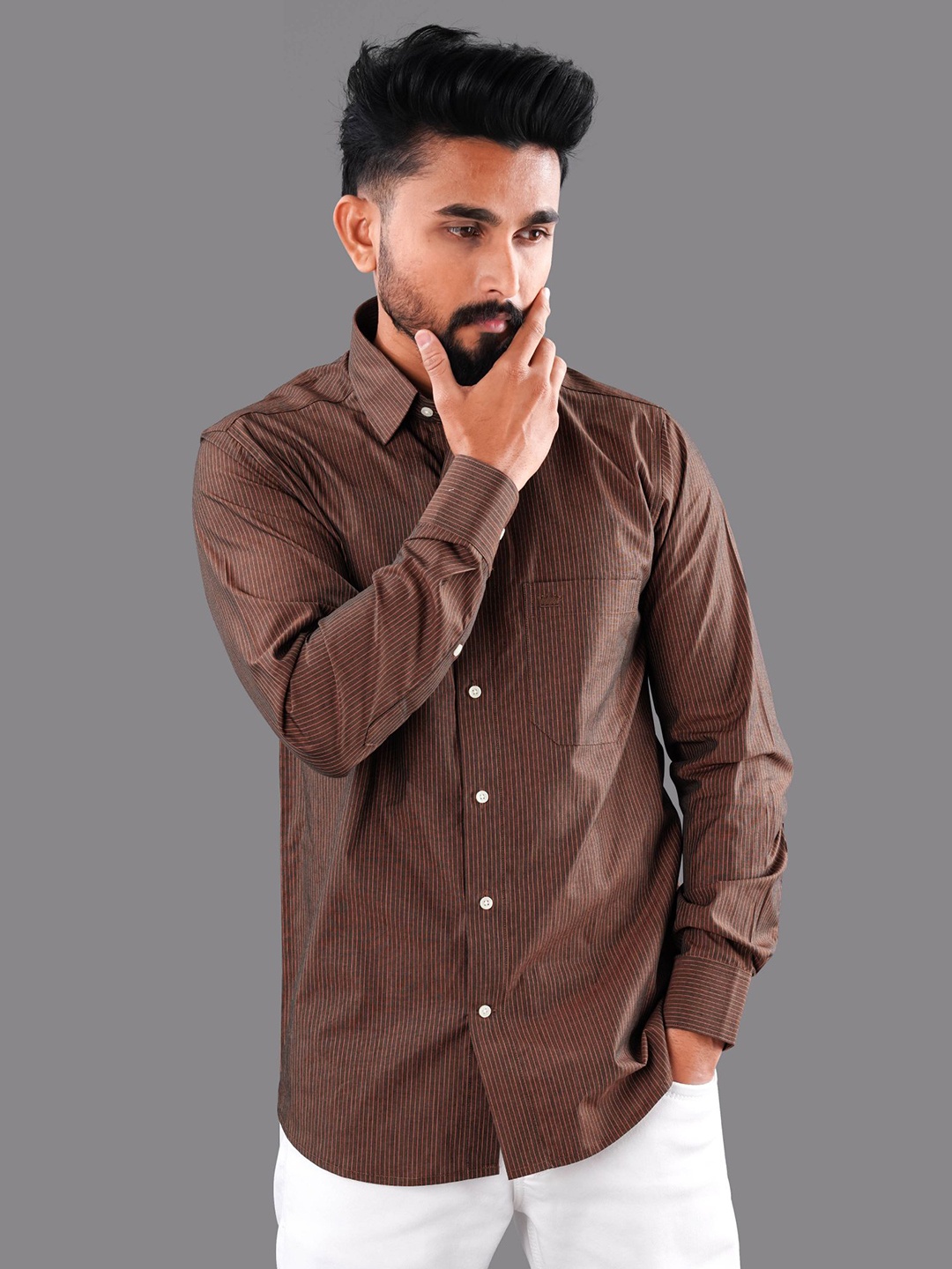 

FRENCH CROWN Men Cotton Striped Casual Shirt, Brown