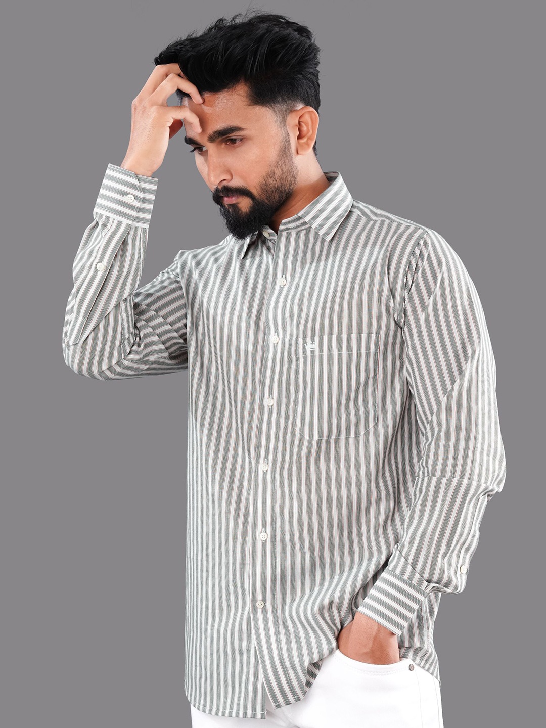 

FRENCH CROWN Men Striped Casual Shirt, White