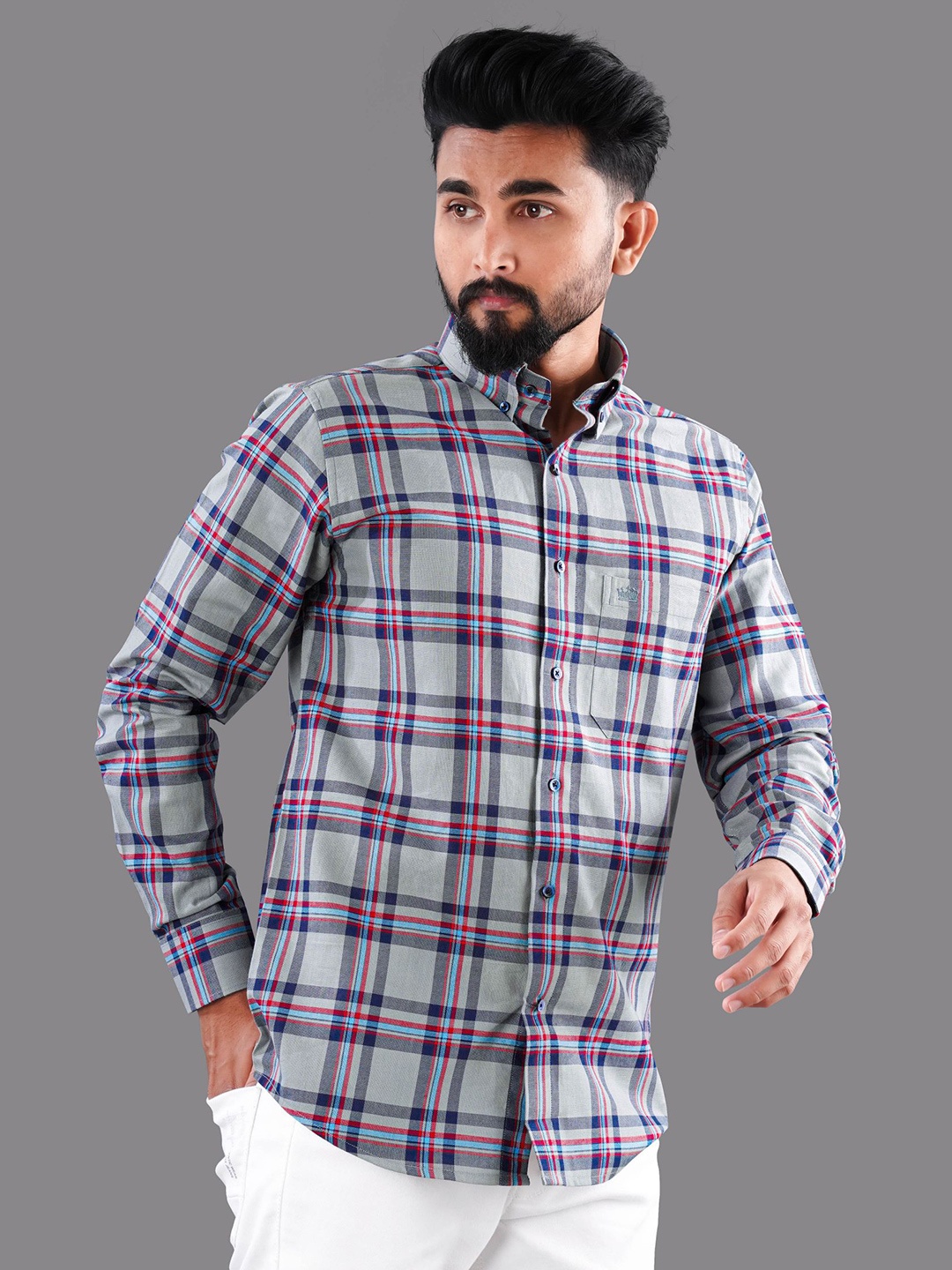 

FRENCH CROWN Men Tartan Checks Checked Cotton Casual Shirt, Grey