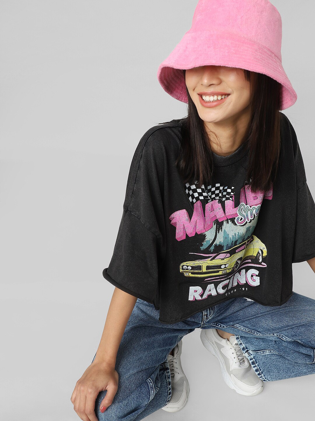 

ONLY Women Black Printed Extended Sleeves Loose T-shirt