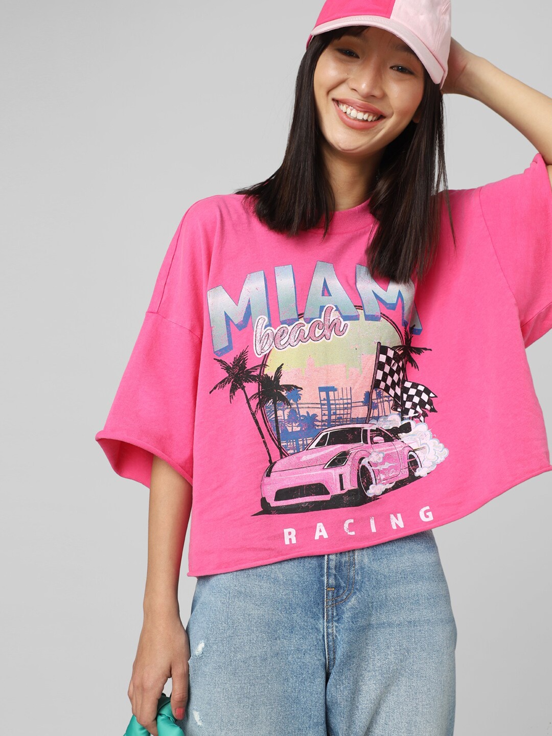 

ONLY Women Pink Floral Printed V-Neck Loose T-shirt