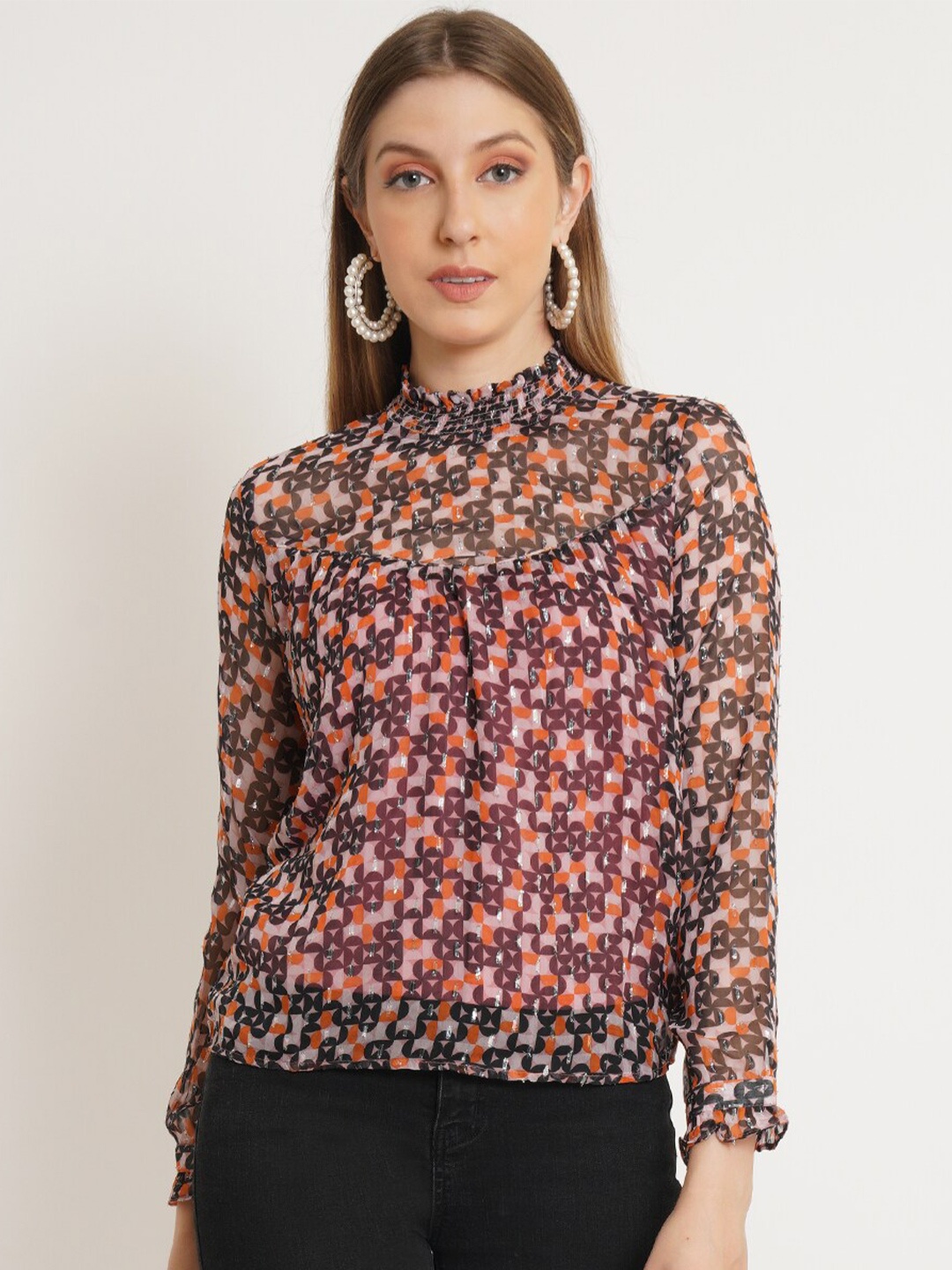 

IX IMPRESSION Geometric Print High Neck Top, Pink