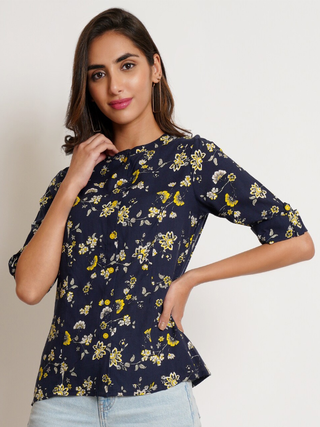 

IX IMPRESSION Navy Blue Floral Print Top