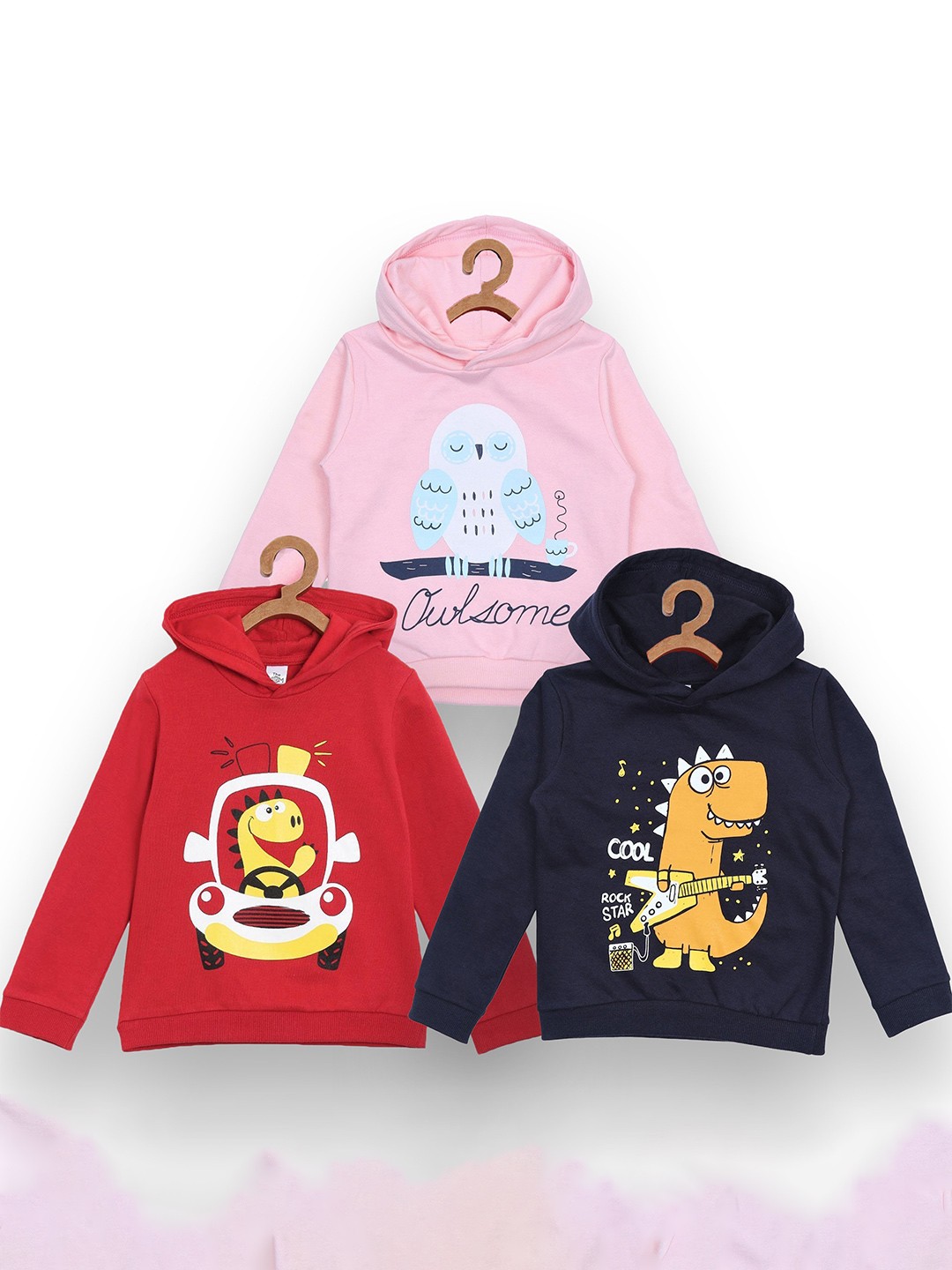 

The Mom Store Kids Pack Of 3 Printed Hooded Cotton Sweatshirt, Red