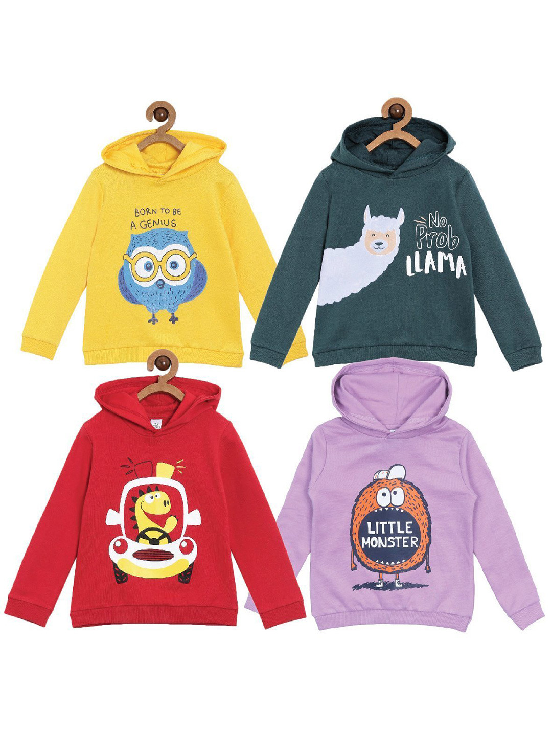 

The Mom Store Pack Of 4 Kids Yellow Printed Hooded Cotton Sweatshirts