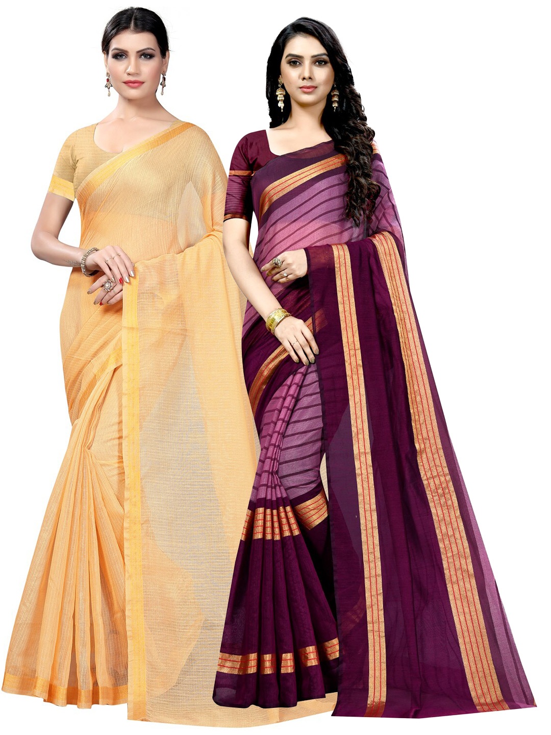 

Florence Pack of 2 Striped Ilkal Saree, Beige