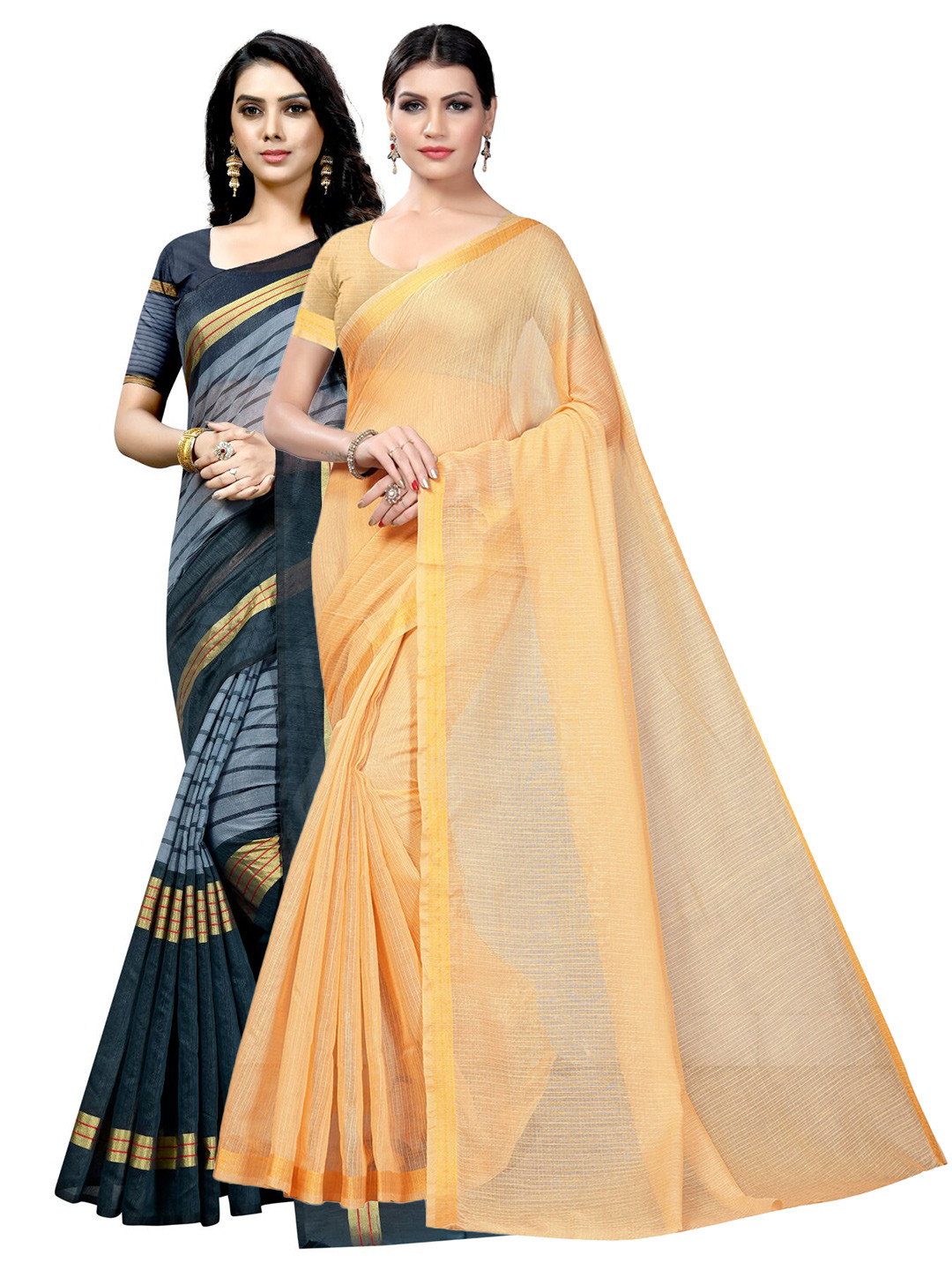 

Florence Pack of 2 Striped Ilkal Saree, Beige