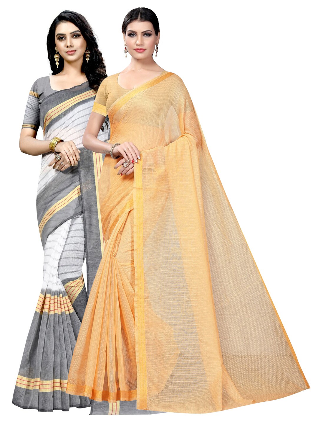 

Florence Pack of 2 Striped Ilkal Saree, Beige