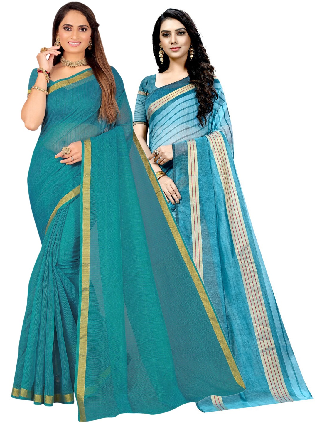 

Florence Pack of 2 Striped Ilkal Saree, Teal