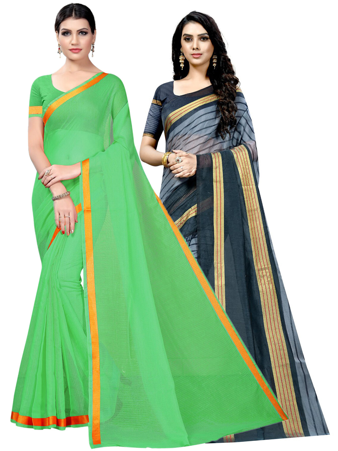 

Florence Pack of 2 Zari Ilkal Saree, Green
