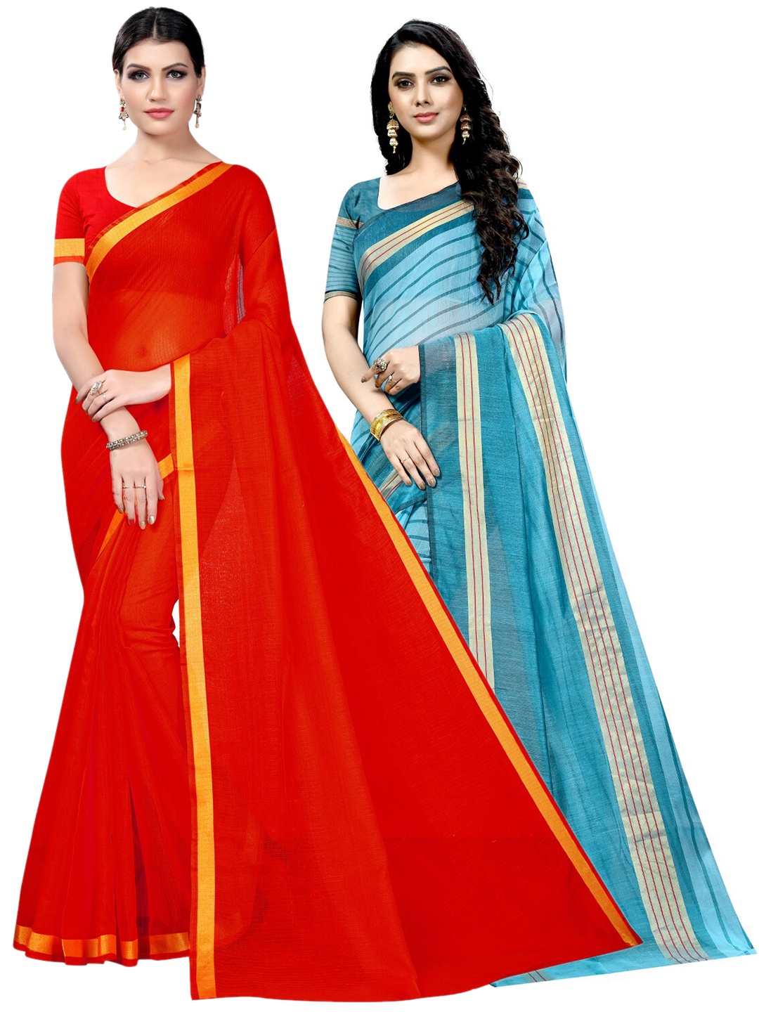 

Florence Pack Of 2 Striped Zari Bordered Saree, Red