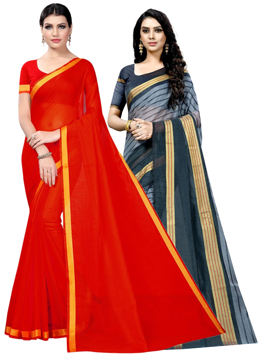 

Florence Pack Of 2 Zari Bordered Saree, Red