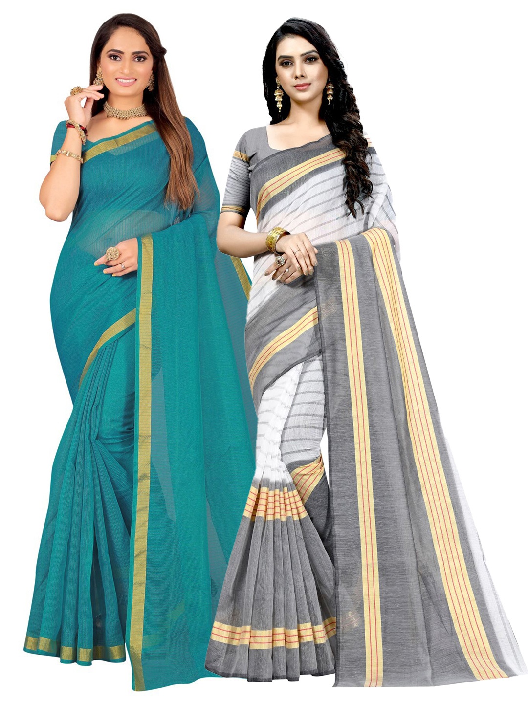 

Florence Pack Of 2 Zari Ilkal Saree, Teal