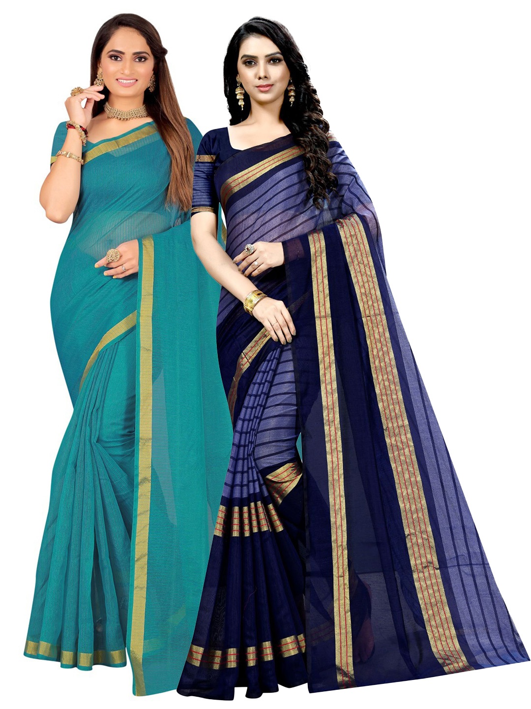 

Florence Pack Of 2 Striped Zari Ilkal Saree, Teal