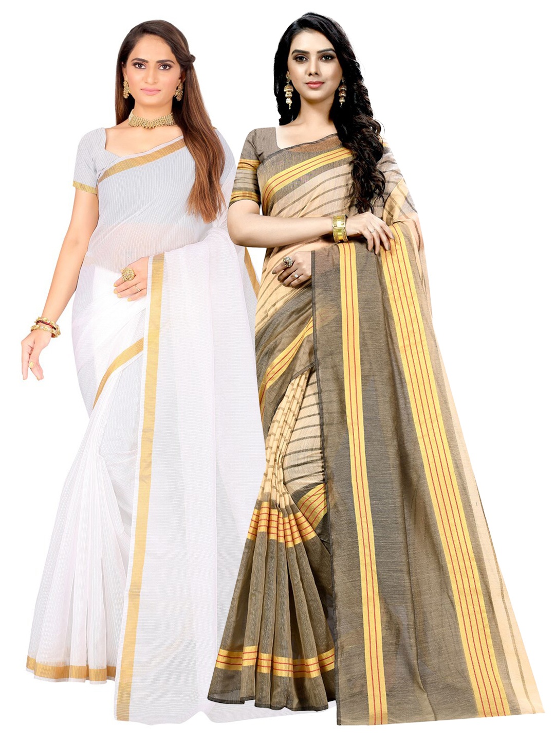 

Florence Pack of 2 Zari Ilkal Saree, White