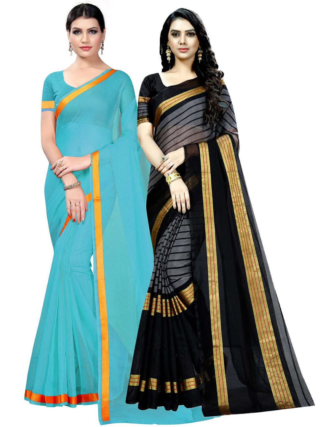 

Florence Pack of 2 Zari Ilkal Saree, Turquoise blue