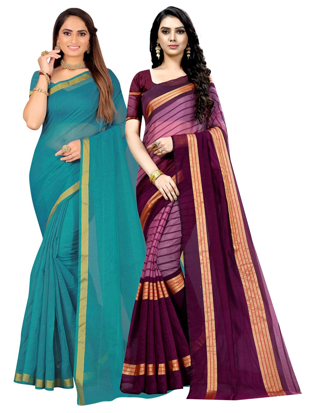 

Florence Ilkal Pack Of 2 Zari Bordered Ilkal Saree, Teal