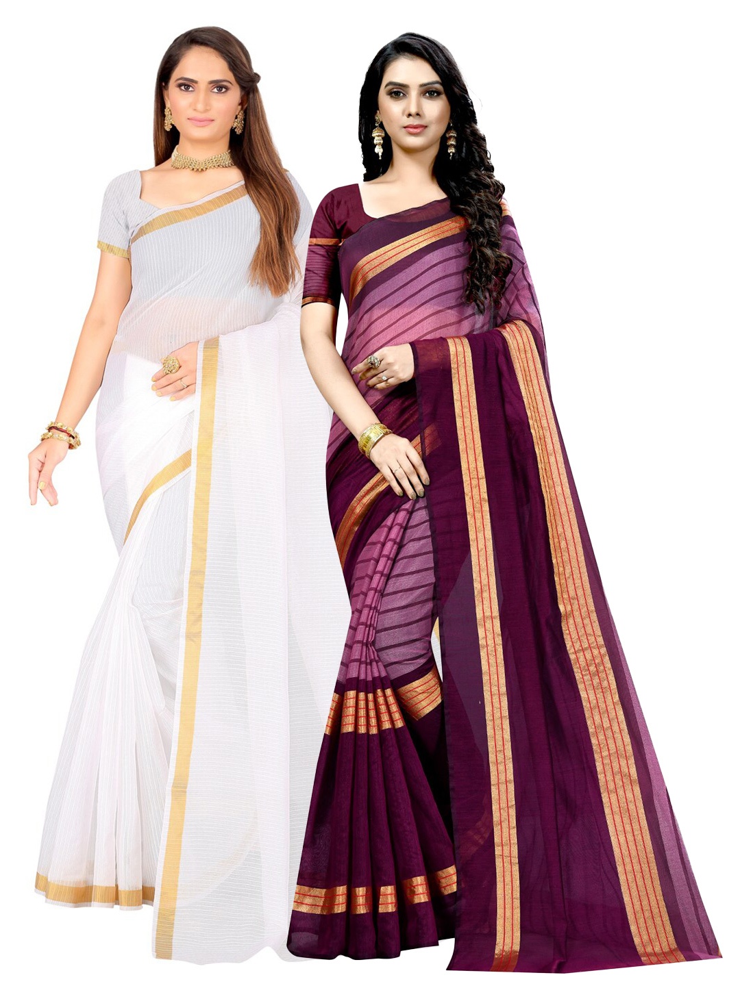 

Florence Pack of 2 Zari Ilkal Saree, White