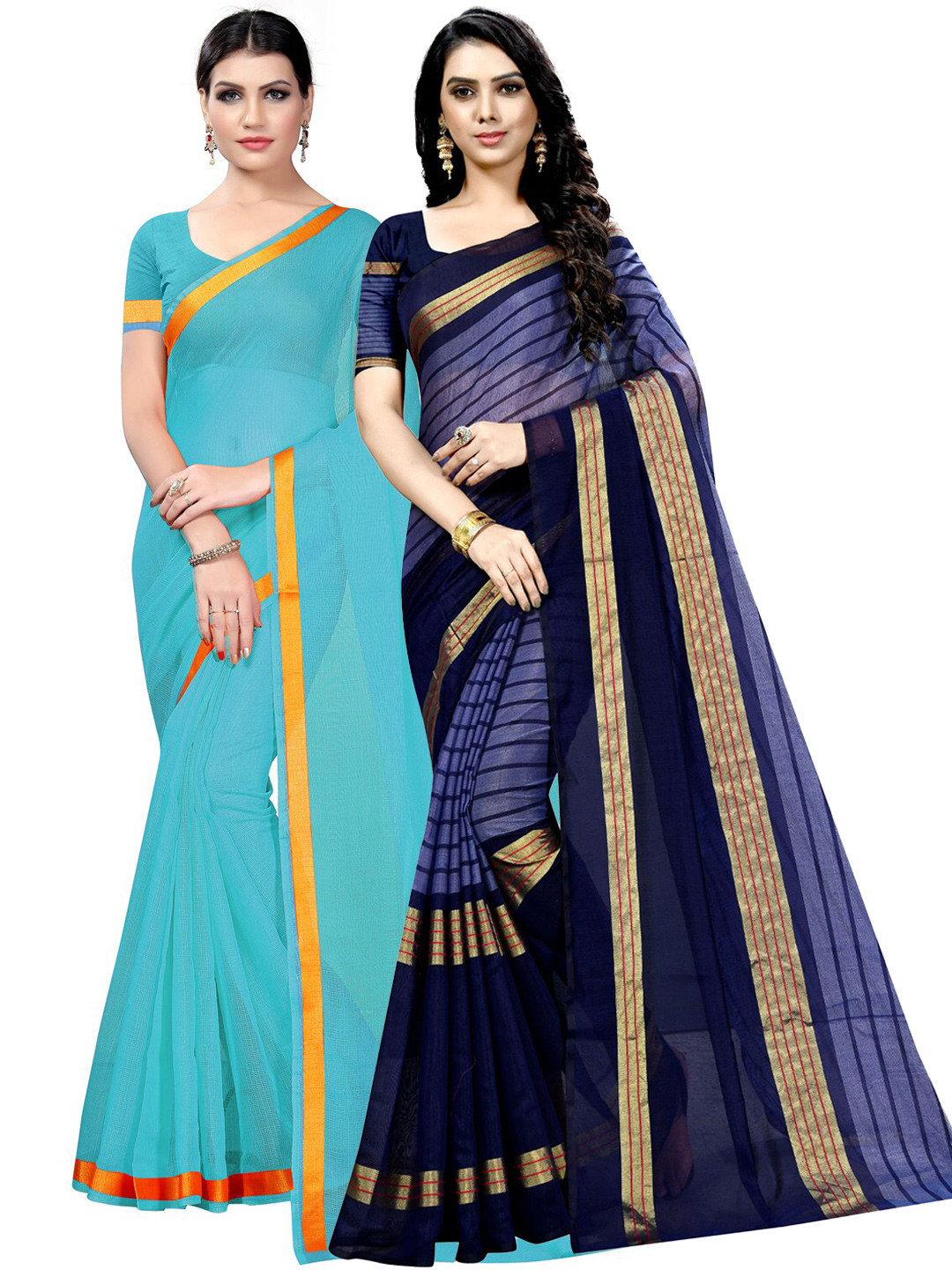 

Florence Pack Of 2 Striped Zari Ilkal Saree, Turquoise blue