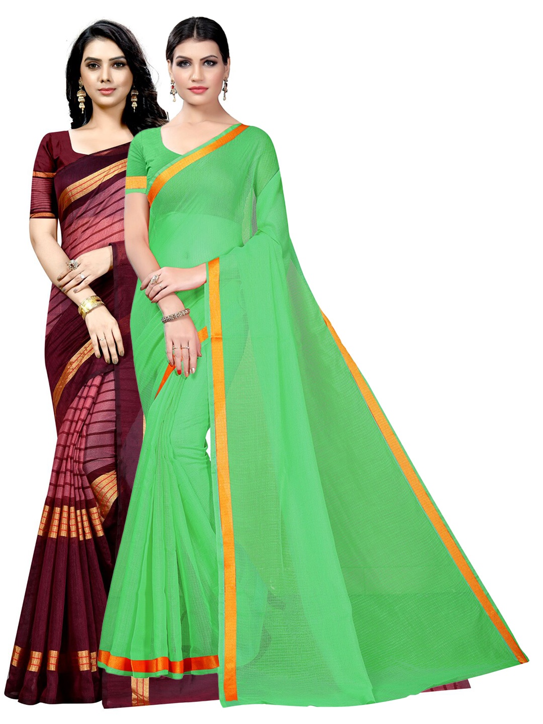 

Florence Pack Of 2 Zari Ilkal Saree, Green