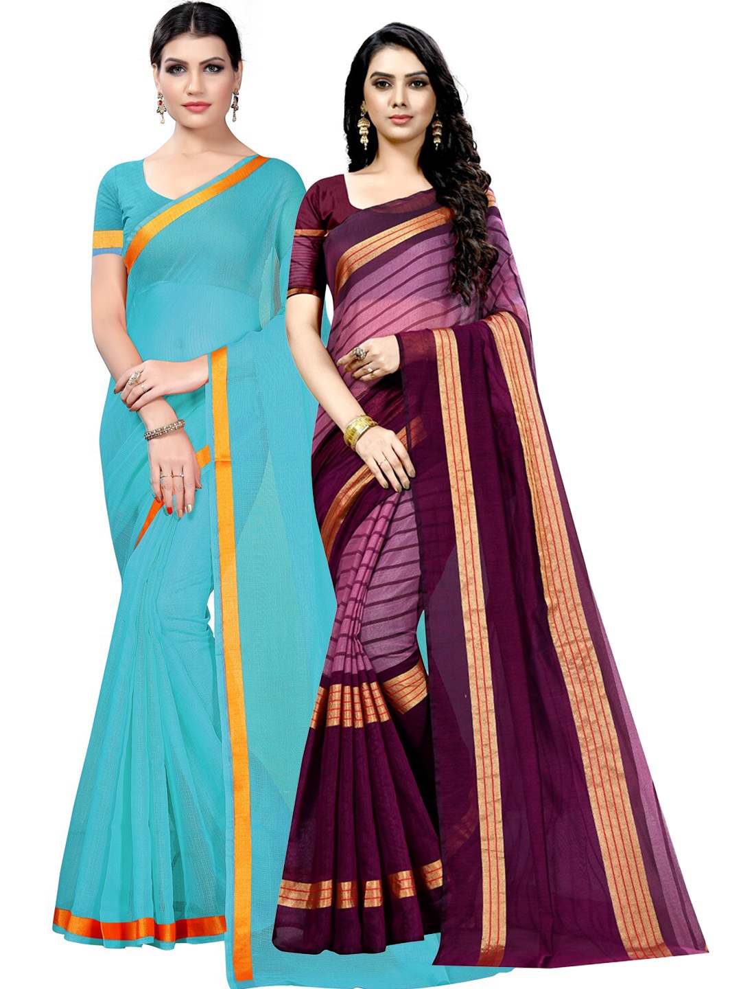 

Florence Pack Of 2 Zari Ilkal Saree, Turquoise blue