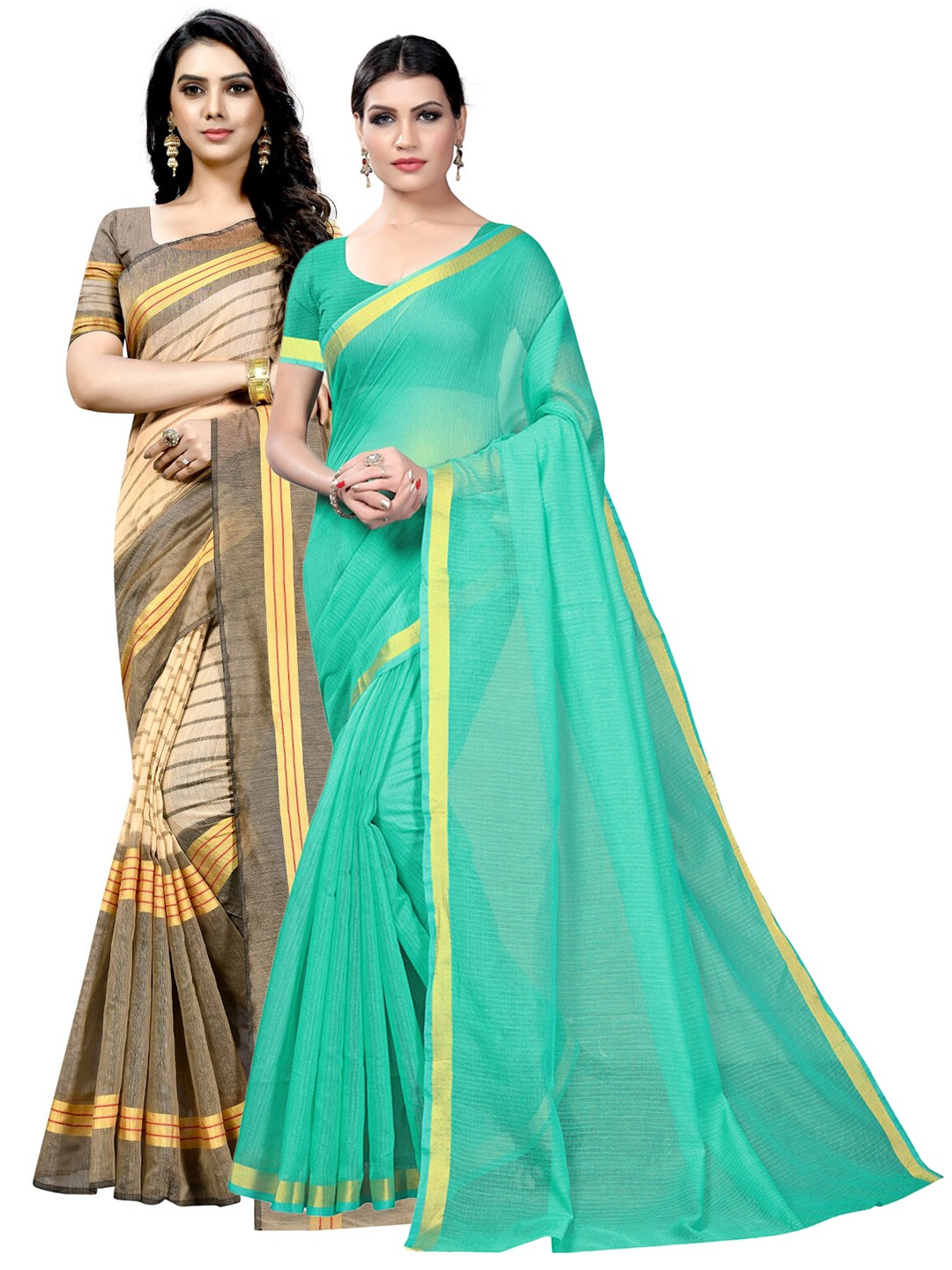 

Florence Pack Of 2 Striped Zari Saree, Teal