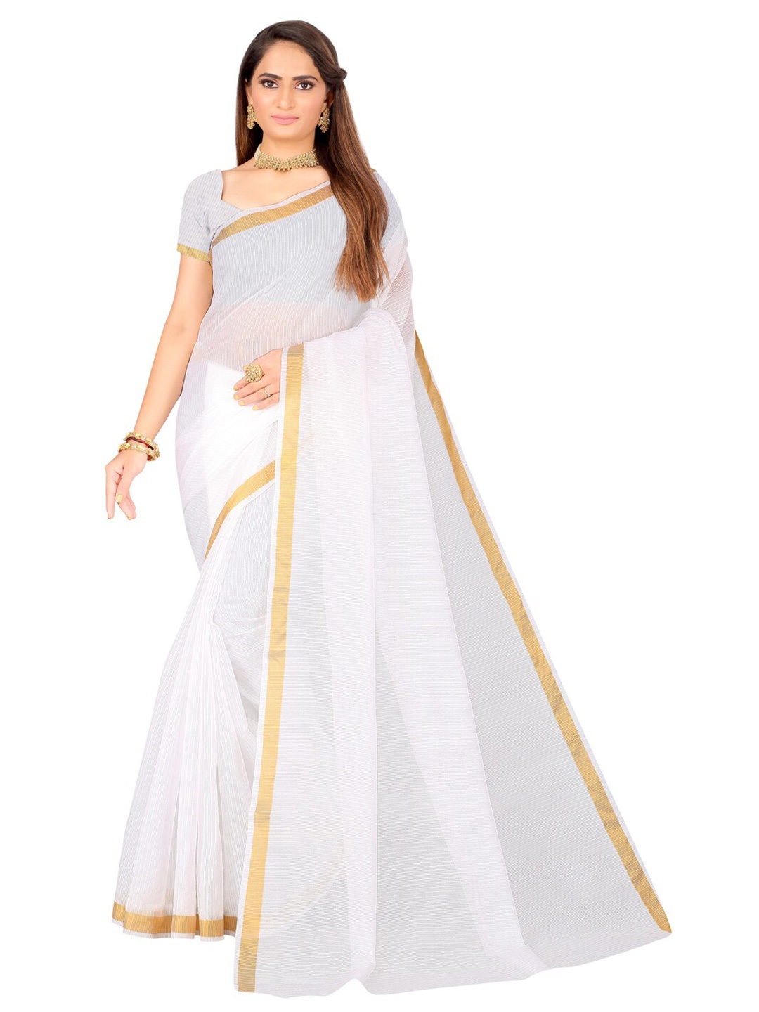 

Florence Pack of 2 Striped Zari Ilkal Saree, White